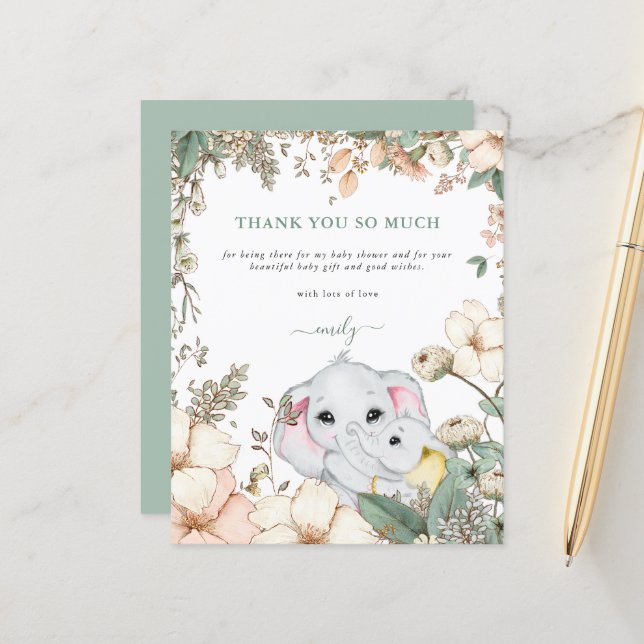 Papier Budget Elephants Sage Baby shower Merci (Devant/Arrière en situation)