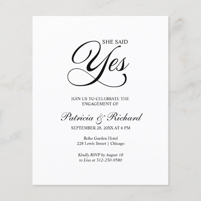 Papier Budget Elle A Dit Oui Engagement Partie Invitation (Devant)