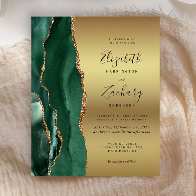 Papier Budget Emerald Green Agate Gold Wedding Invitation (Créateur téléchargé)
