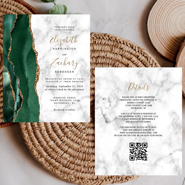 Papier Budget Emerald Green Agate Marbre QR Code Mariage (Créateur téléchargé)