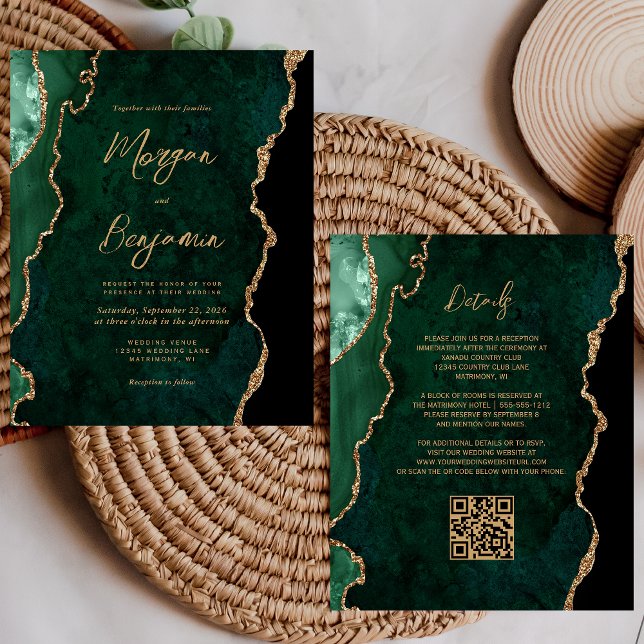 Papier Budget Emerald Green Agate Script QR Code Mariage (Créateur téléchargé)