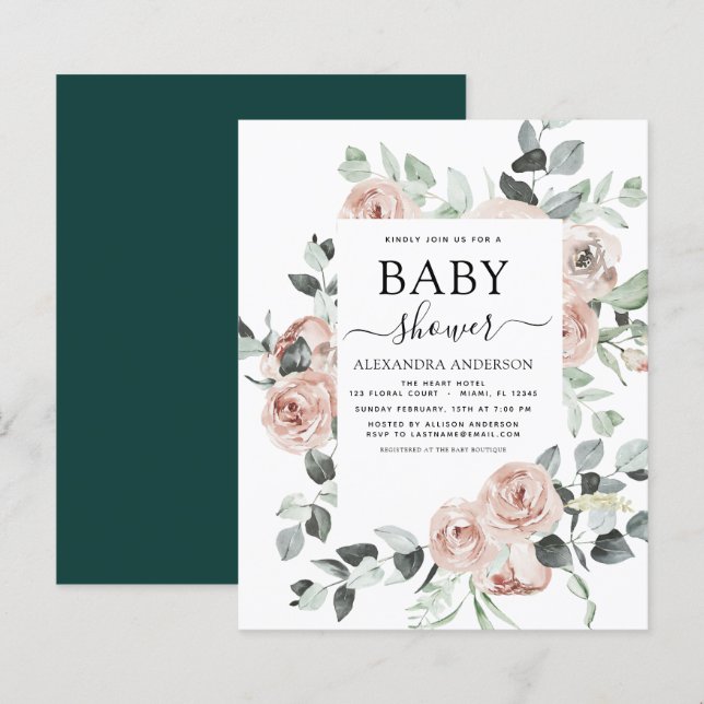 Papier Budget Emerald Green Baby shower Floral (Devant / Derrière)