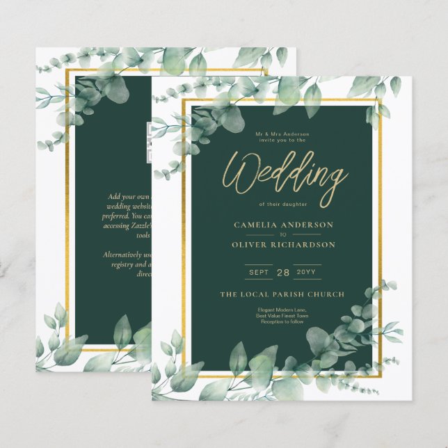 Papier Budget Emerald Green Botanical Gold Wedding Invita (Devant / Derrière)