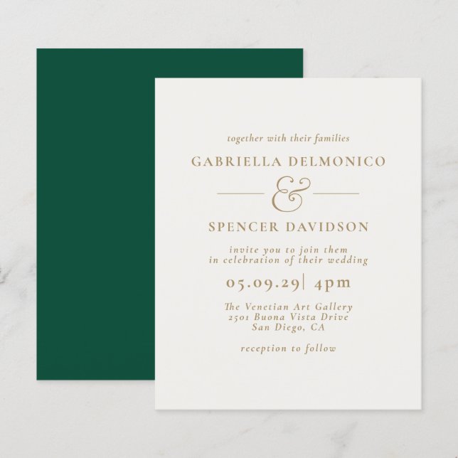 Papier BUDGET Emerald Green Cream Gold Faire-part de mari (Devant / Derrière)