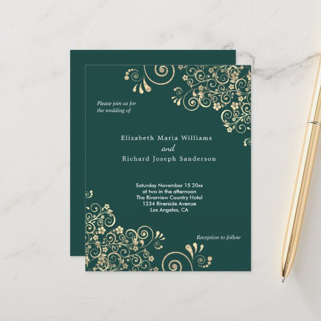 Papier Budget Emerald Green Faire-part de mariage Gold (Devant/Arrière en situation)