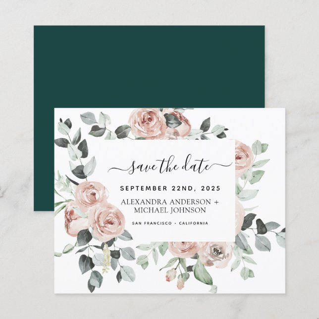 Papier Budget Emerald Green Floral Enregistrer la date (Devant / Derrière)