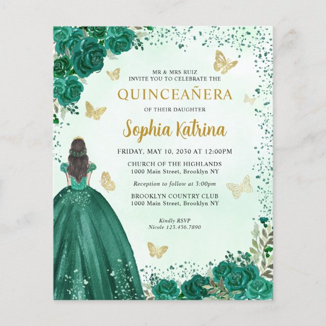 Papier Budget Emerald Green Floral Princess Quinceanera (Devant)