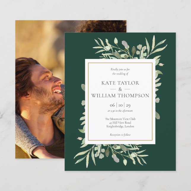 Papier Budget Emerald Green Foliage Mariage Photo Invitat (Devant / Derrière)