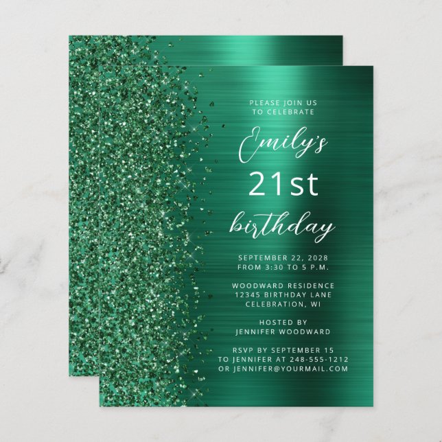 Papier Budget Emerald Green Glam 21e anniversaire Invitat (Devant / Derrière)