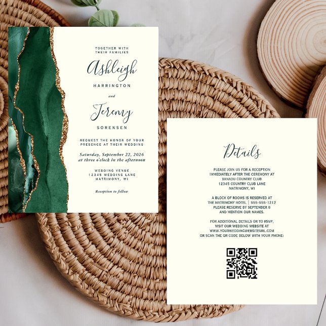 Papier Budget Emerald Green Gold Ivory QR Code Mariage (Créateur téléchargé)