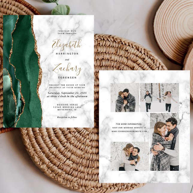 Papier Budget Emerald Green Marble 4-Photo Wedding Invite (Créateur téléchargé)