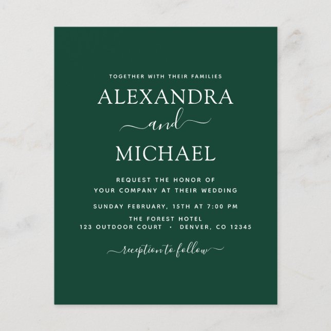 Papier Budget Emerald Green Mariage Typographie moderne (Devant)