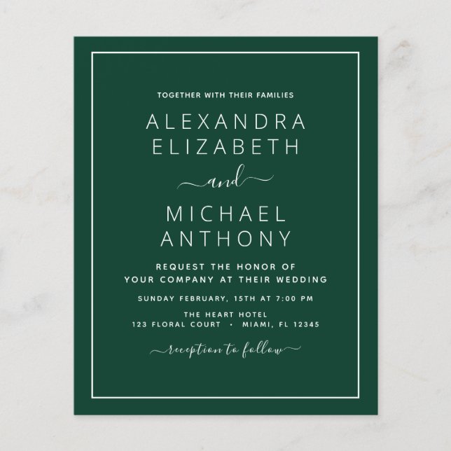 Papier Budget Emerald Green Mariage Typographie moderne (Devant)
