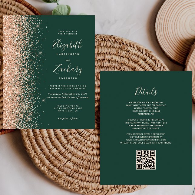 Papier Budget Emerald Green Peach QR Code Mariage Invitat (Créateur téléchargé)
