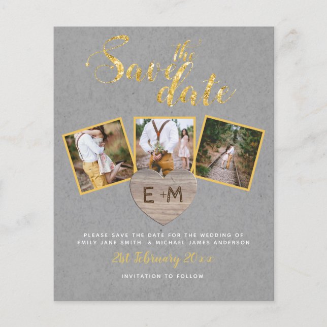 Papier Budget Enregistrer La Date Grey Gold Photo Collage (Devant)