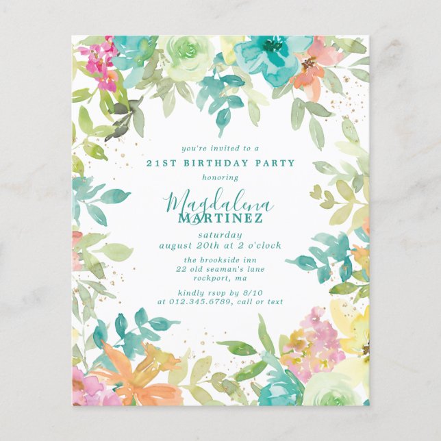 Papier Budget Été Floral 21e Invitation anniversaire (Devant)