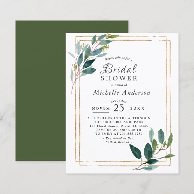 Papier Budget Eucaliptus Gold Bridal Shower Invitation (Devant / Derrière)
