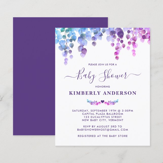 Papier Budget Eucalyptus Baby shower bleu violet rose (Devant / Derrière)