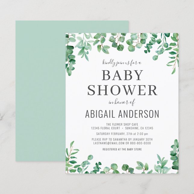 Papier Budget Eucalyptus Baby shower vert Invitation (Devant / Derrière)