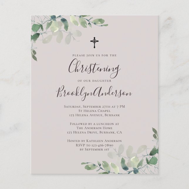 Papier Budget Eucalyptus beige Christening Invitation (Devant)