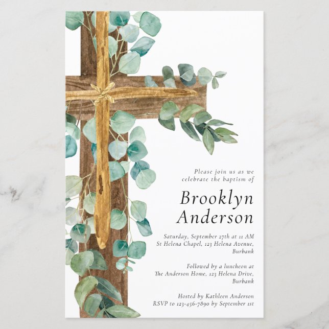Papier Budget Eucalyptus Bois Croix Baptême Invitation (Devant)