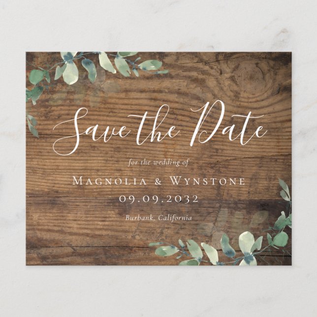 Papier BUDGET Eucalyptus Bois Mariage Enregistrer La Date (Devant)