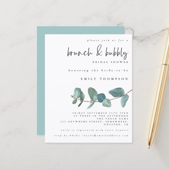 Papier Budget Eucalyptus Brunch Fête des mariées Bubbly (Devant/Arrière en situation)