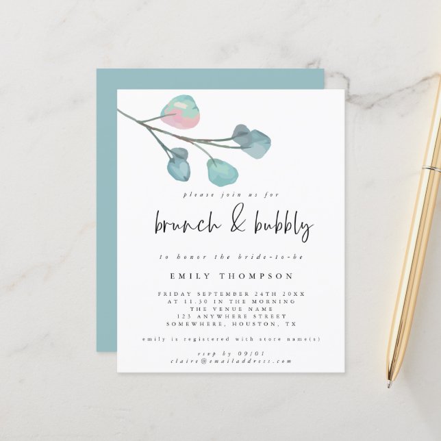 Papier Budget Eucalyptus Brunch Fête des mariées Bubbly (Devant/Arrière en situation)