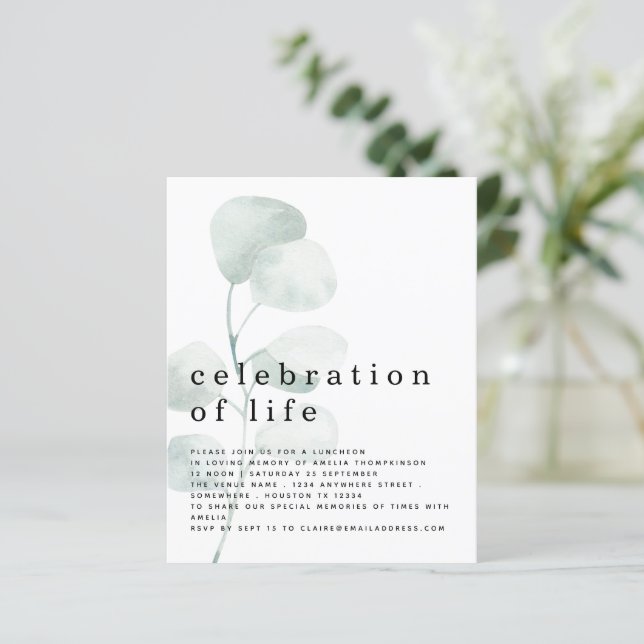 Papier Budget Eucalyptus Célébration de la vie Invitation (Debout devant)