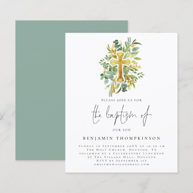 Papier Budget Eucalyptus Croix Baptême Invitation Turquoi (Devant / Derrière)