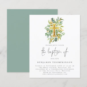 Papier Budget Eucalyptus Croix Baptême Invitation Turquoi