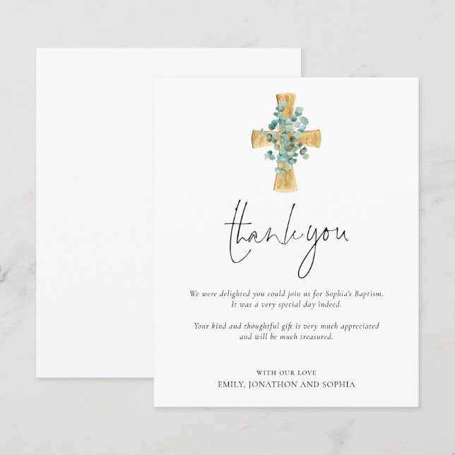 Papier Budget Eucalyptus Cross Christening Merci (Devant / Derrière)