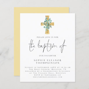 Papier Budget Eucalyptus Cross Script Baptême Invitation