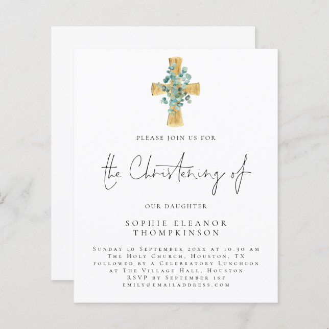 Papier Budget Eucalyptus Cross Script Christening Invitat (Devant / Derrière)