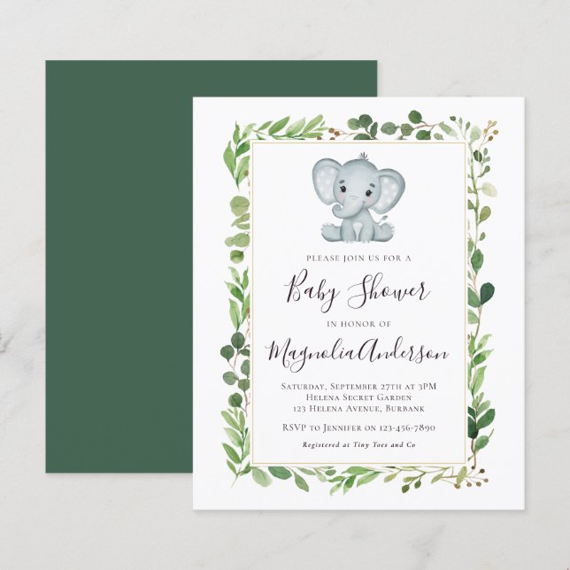 Papier BUDGET Eucalyptus Elephant Baby shower Invitation (Devant / Derrière)