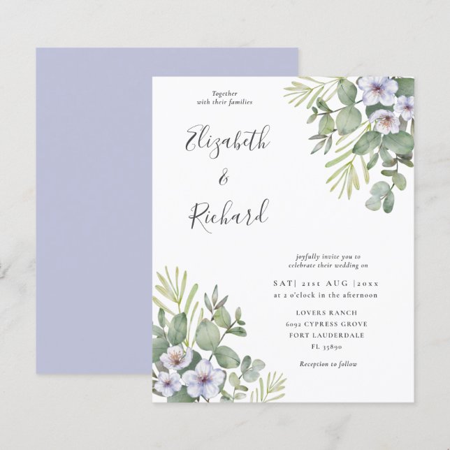 Papier Budget Eucalyptus & Faire-part de mariage Floral (Devant / Derrière)