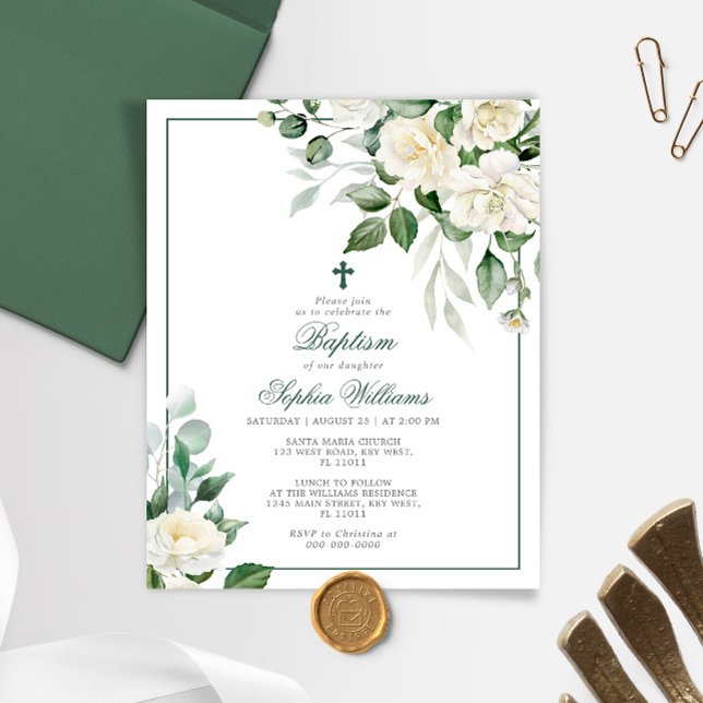 Papier Budget Eucalyptus Fleurs Blanches Baptême Invitati (Créateur téléchargé)