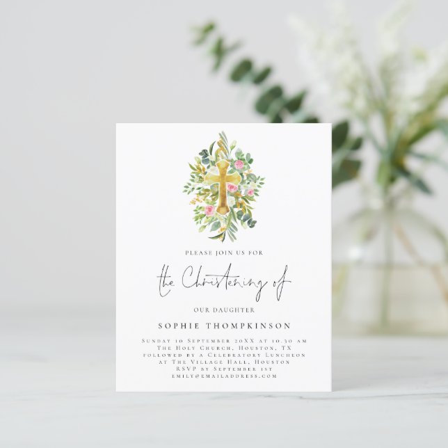 Papier Budget Eucalyptus Florals Cross Christening Invita (Debout devant)