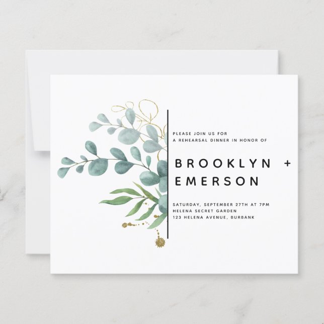 Papier BUDGET Eucalyptus Gold Rehearer Dîner Invitation (Devant)