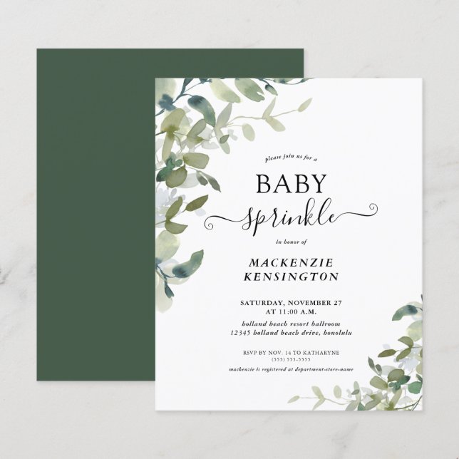 Papier Budget Eucalyptus Green Baby Sprinkle Invitation (Devant / Derrière)