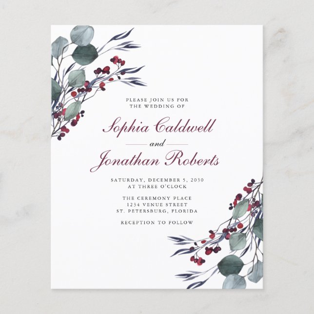 Papier Budget Eucalyptus Holly Berries Faire-part de mari (Devant)