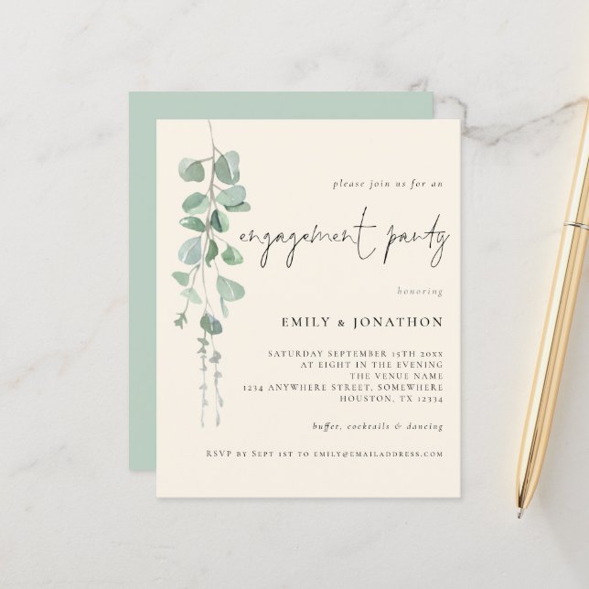 Papier Budget Eucalyptus Ivory Engagement Invitation (Devant/Arrière en situation)