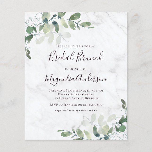 Papier Budget Eucalyptus Marbre Bridal Brunch Invitation (Devant)