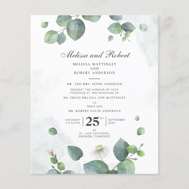 Papier Budget Eucalyptus Mariage botanique de verdure (Devant)