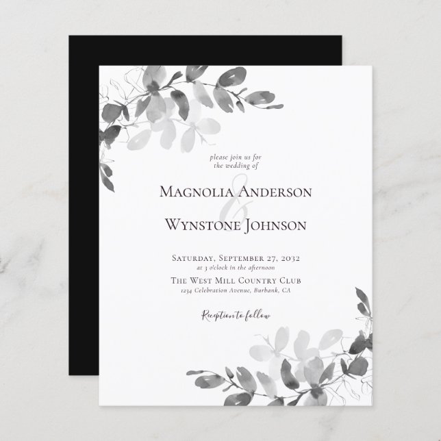 Papier Budget Eucalyptus Monochrome Faire-part de mariage (Devant / Derrière)
