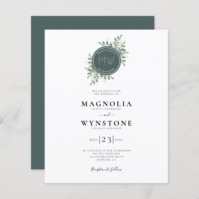 Papier BUDGET Eucalyptus Monogram Wedding Invite (Devant / Derrière)