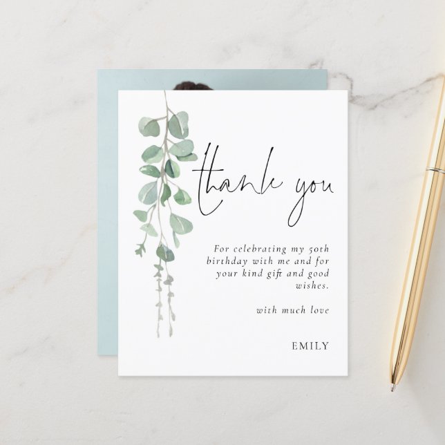 Papier Budget Eucalyptus Photo 50e anniversaire Merci (Devant/Arrière en situation)