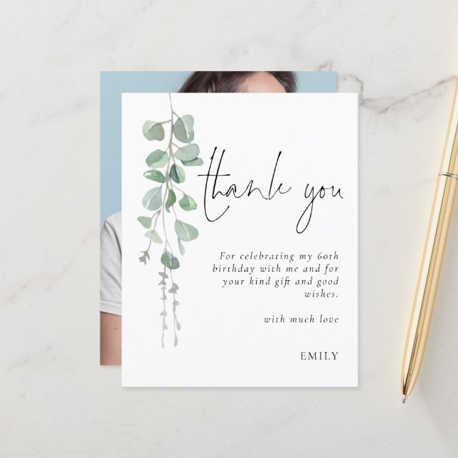 Papier Budget Eucalyptus Photo 60e anniversaire Merci (Devant/Arrière en situation)
