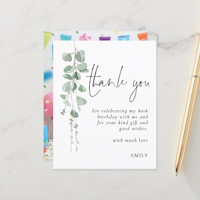 Papier Budget Eucalyptus Photo Merci de 80e anniversaire (Devant/Arrière en situation)