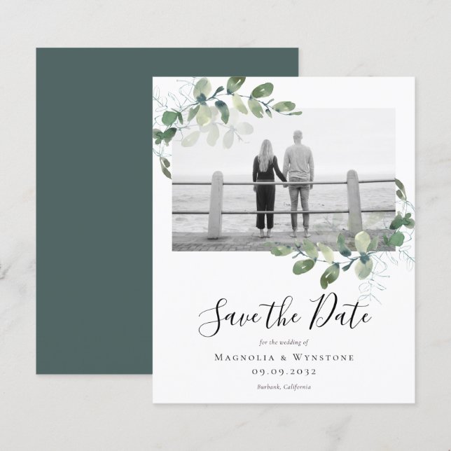 Papier BUDGET Eucalyptus Photo Wedding Enregistrer La Dat (Devant / Derrière)